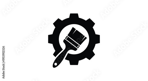 A black silhouette depicts a gear with a paintbrush centered within its opening high quality