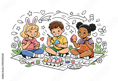 Happy Easter Art Time. Children sitting cross-legged on a picnic blanket, painting colorful Easter eggs