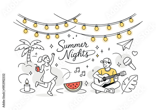 Evening garden glow. Delicate string lights hanging softly in gentle curves, warm bulbs glowing against clean