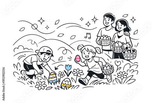 Easter Sunday Family Fun. Children happily searching Easter eggs around blooming flowers while parents hold