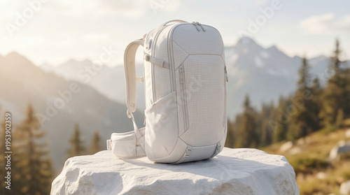 Backpack Standing on Mountain Rock for Travel and Hiking Photography