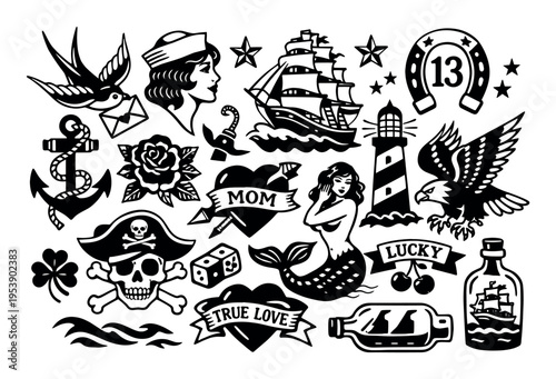 Collection of old school tattoo designs featuring classic maritime elements like swallows, lighthouses, anchors, and pirate skulls
