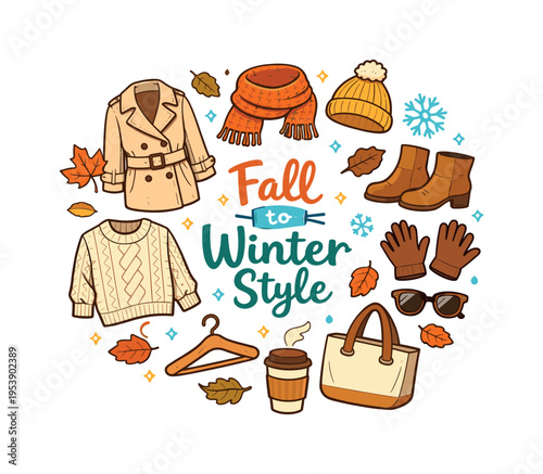 Fall to Winter Style. Hand drawn illustration of Fall to Winter Style. trench coat, chunky scarf, sweater,