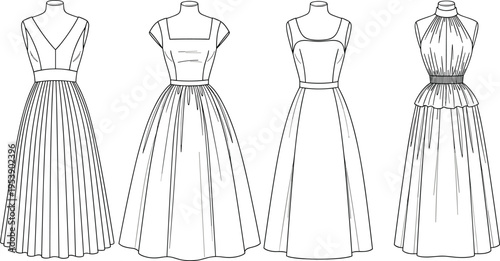 Minimalist line art of elegant evening gowns on mannequins, fashion design sketches of female dresses for bridal and formal,
