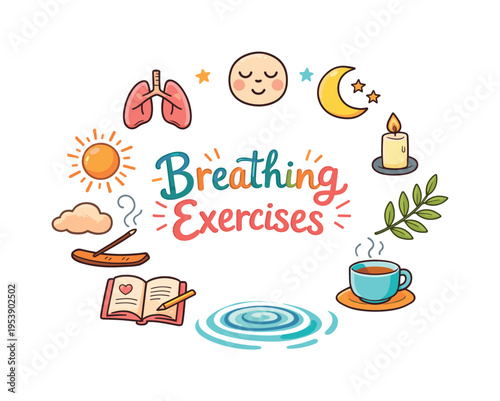 Breathing Exercises. Hand drawn illustration of Breathing Exercises. lungs icon, calm face, lotus pose