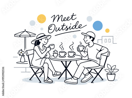 Sunny street cafe moment. A small outdoor cafe table with two chairs, coffee cups gently steaming under a soft