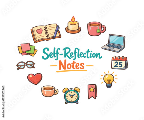 Self-Reflection Notes. Hand drawn illustration of Self-Reflection Notes. journal, pen, candle, cup of tea,
