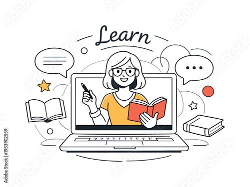 Online teacher scene. A stylized teacher figure displayed on a laptop screen, simple chat bubbles and book