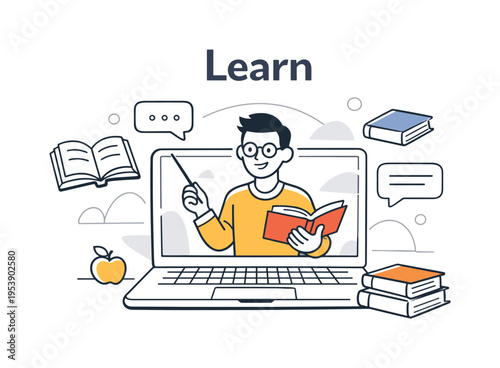 Online teacher scene. A stylized teacher figure displayed on a laptop screen, simple chat bubbles and book