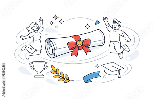 Diploma certificate achievement concept. A clean geometric diploma scroll tied with a simple ribbon, tiny