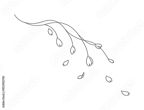 "Cherry Blossom Petals". Minimalistic one-line drawing delicate sakura petals falling from invisible branch