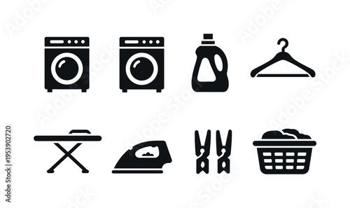 Laundry Care. Filled icon set of Laundry Care: washing machine, dryer, detergent bottle, clothes hanger,