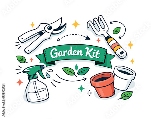 Spring Garden Essentials. A clean overhead composition of pruning shears, a hand rake, spray bottle, and small