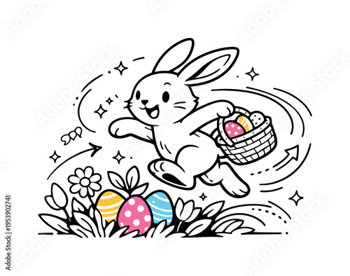 Springtime Bunny Frolic. Spring Garden Easter Bunny. A dynamic scene of a bunny hopping past colorful eggs