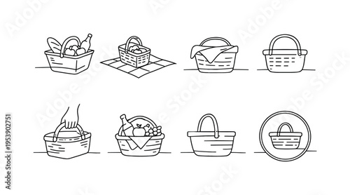 "Outdoor Picnic Icons". Minimalistic set one-line drawing basket with lid open showing food, picnic blanket