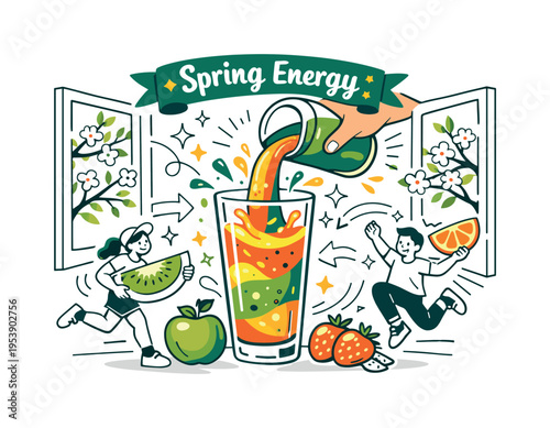 Spring Energy Smoothie. Fresh Fruit Drink Creation. A tall smoothie glass placed by an open window with