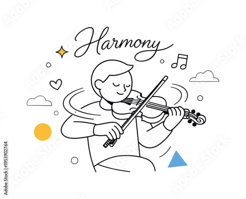 Playing violin scene. A minimal character holding a stylized violin under the chin, bow moving across the