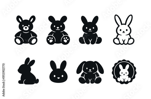 Cute bunny plush contour drawing. Filled icon set of Cute bunny plush contour drawing: teddy style bunny toy,