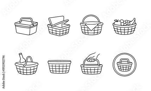 "Picnic Basket". Minimalistic set one-line drawing closed picnic basket, open basket with lid, basket with