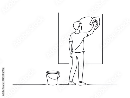 Window Cleaning Minimalism. "Home Refresh Scene". Minimalistic one-line drawing individual wiping window with