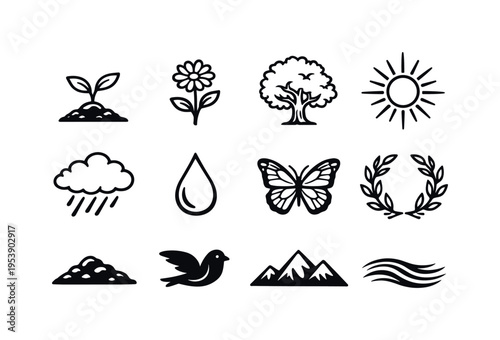 Nature renewal engraving. Line outline icon set of Nature renewal engraving: sprouting plant, blooming flower,