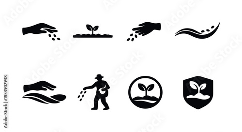 Minimal continuous seed sowing art. Filled icon set of Minimal continuous seed sowing art: one line gardener