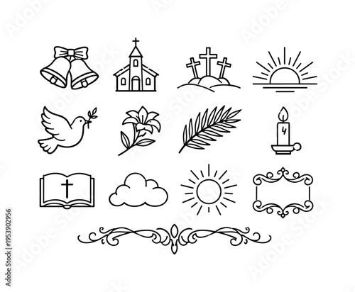 church bells easter morning outline. Line outline icon set of church bells easter morning outline: church
