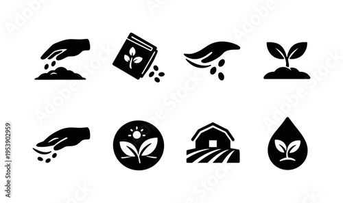 Modern single line seed planting set. Filled icon set of Modern single line seed planting set: one line hand