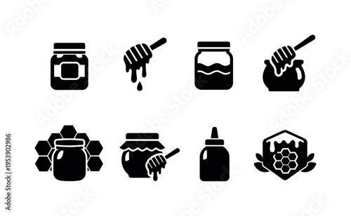 Beekeeping honey contour drawing. Filled icon set of Beekeeping honey contour drawing: honey jar with label