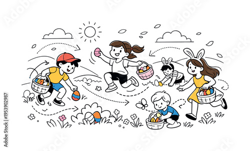 Easter Egg Hunt Outdoors. A panoramic spring meadow scene with children hopping and searching for eggs, soft