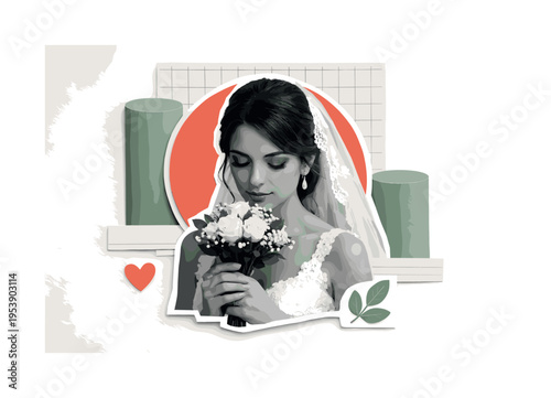 Minimalist Bride Collage. Contemporary modern-retro collage featuring a black and white close-up of a bride