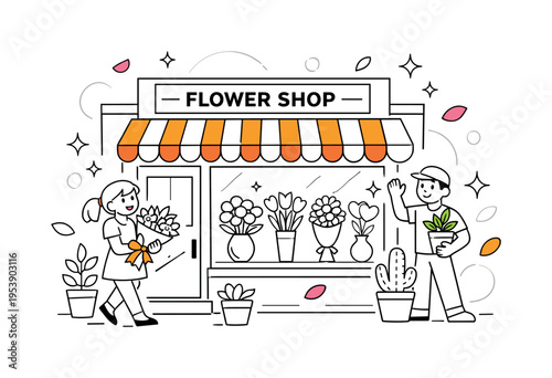 Flower shop storefront. A charming geometric flower shop with striped awning, large display window filled with