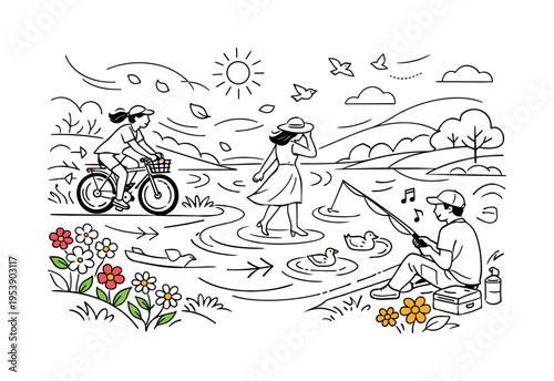 Spring Riverbank. A wide river bordered by blooming flowers and soft rolling hills, light petals drifting in