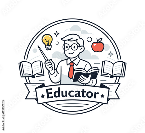 Education badge design. A clean circular emblem with a centered teacher icon and simple book accents arranged