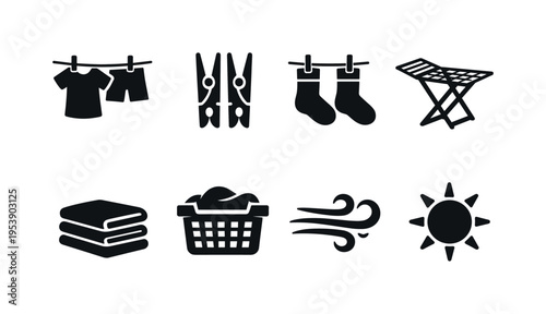 Laundry Drying Icons. Laundry Drying. Filled icon set of Laundry Drying: clothesline, clothespin, hanging