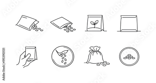 "Planting Seed Set". Minimalistic set one-line drawing small open seed pouch, seeds scattered around bag, bag