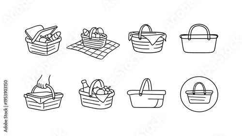 "Outdoor Picnic Icons". Minimalistic set one-line drawing basket with lid open showing food, picnic blanket