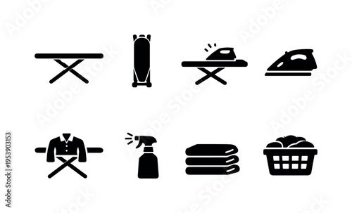 Ironing Board. Filled icon set of Ironing Board: ironing board open, ironing board folded, steam iron on board