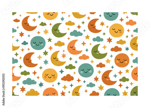 celestial night icons composition seamless pattern, repeating pattern, surface design, textile print, playful