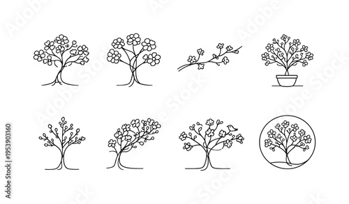 "Spring Tree Icons". Minimalistic set one-line drawing cherry blossom tree, tree with round flower clusters,