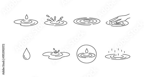 "Spring Rain Puddle Set". Minimalistic set one-line drawing puddle with single drop, splash with curved lines,