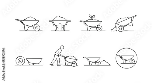 "Wheelbarrow with Soil". Minimalistic set one-line drawing side view wheelbarrow filled with soil, wheelbarrow