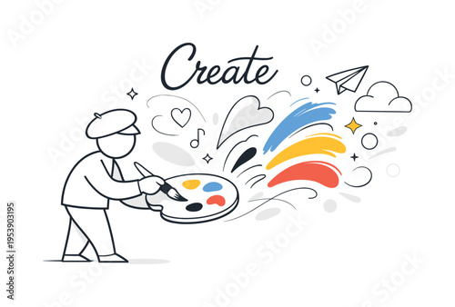 Painting in progress scene. A minimal character holding a brush, gently touching a clean palette while