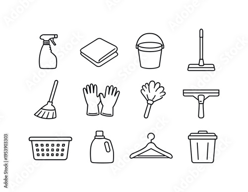 housekeeping tools contour drawing. Line outline icon set of housekeeping tools contour drawing: spray bottle,