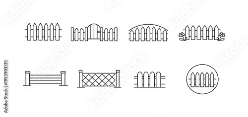 "Garden Fence". Minimalistic set one-line drawing simple picket fence, fence with gate outline, curved garden