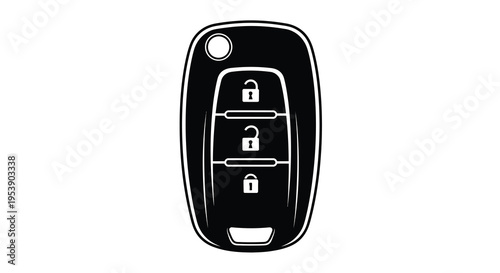 A stark black and white illustration depicts a modern car key fob with lock symbols high quality
