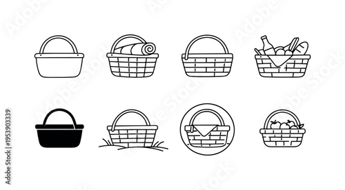 "Garden Picnic Set". Minimalistic set one-line drawing woven basket outline, basket with rolled blanket inside