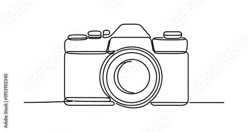 "Vintage Photo Camera". Minimalistic one-line drawing retro camera with prominent round lens and viewfinder