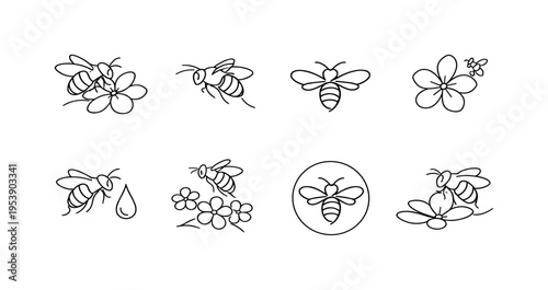 "Spring Bee Set". Minimalistic set one-line drawing honeybee on blossom, bee approaching flower, simple bee