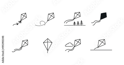 "Flying Kite Icons". Minimalistic set one-line drawing small kite with ribbon tail, kite in motion with dotted